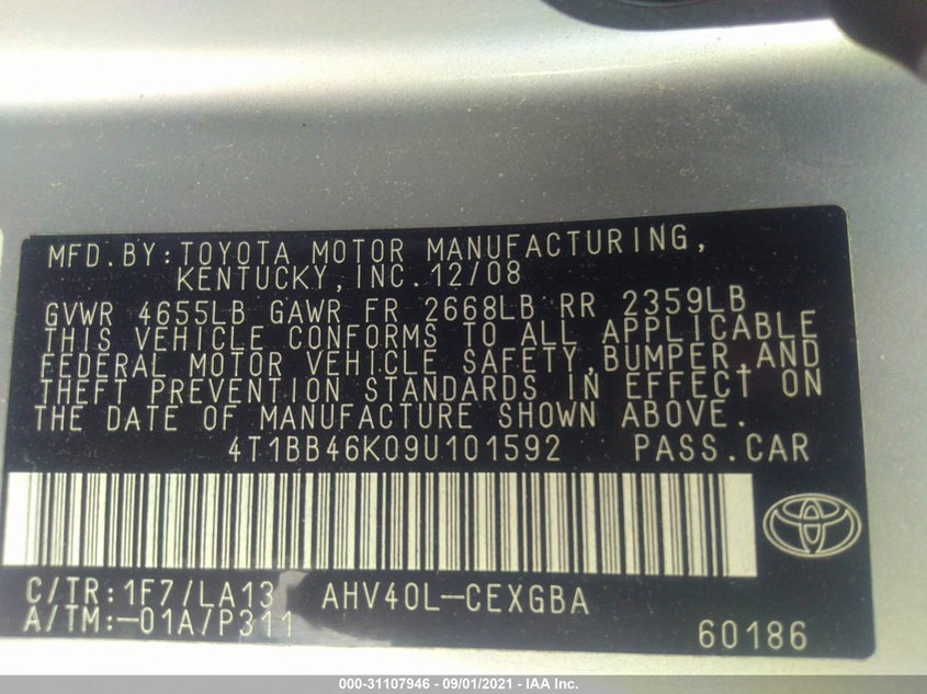 2009 TOYOTA CAMRY HYBRID VIN: 4T1BB46K09U101592