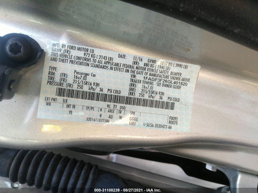 2016 FORD FOCUS SE 1FADP3F26GL401820