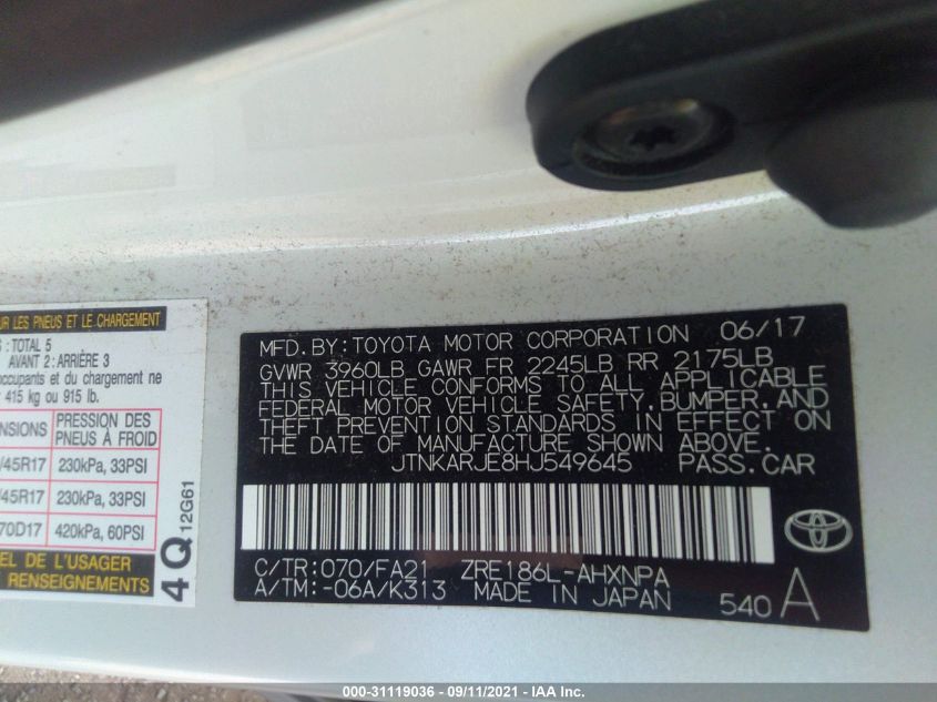 2017 TOYOTA COROLLA IM JTNKARJE8HJ549645