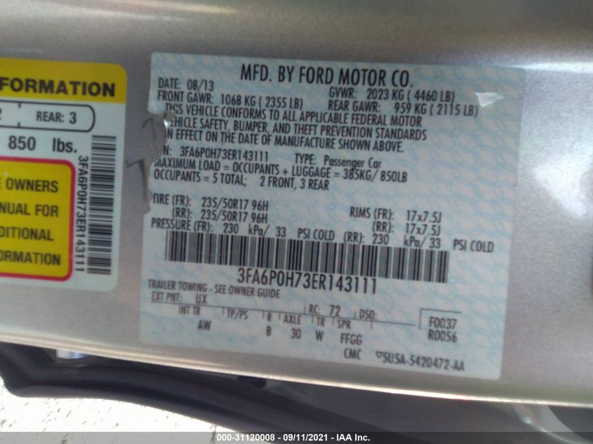 2014 FORD FUSION SE 3FA6P0H73ER143111