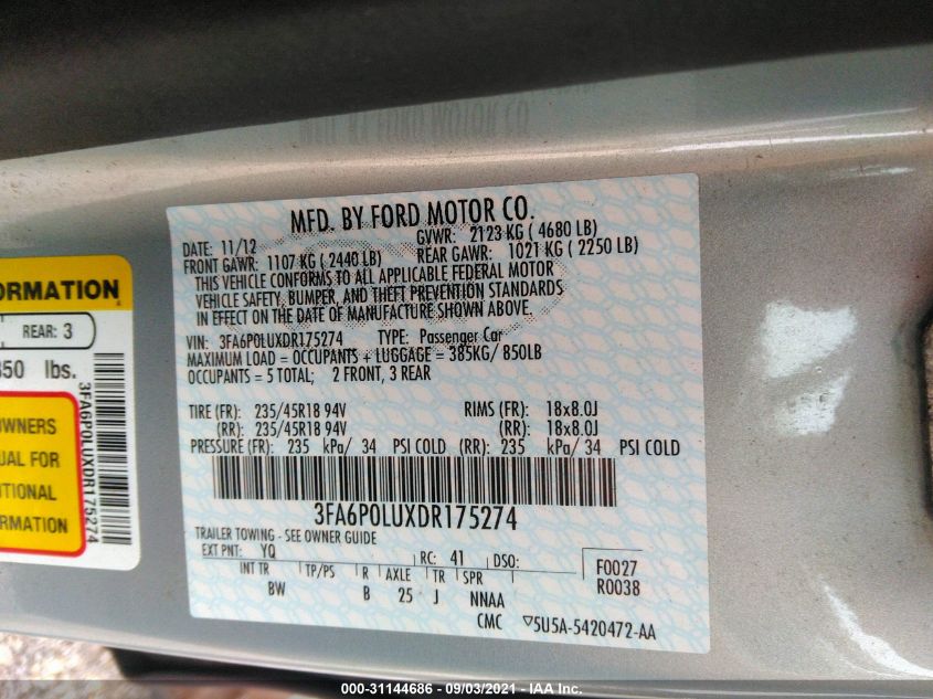 2013 FORD FUSION SE HYBRID 3FA6P0LUXDR175274