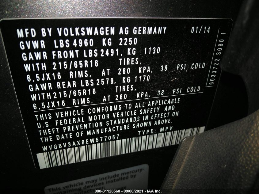 2014 VOLKSWAGEN TIGUAN S WVGBV3AX8EW577057