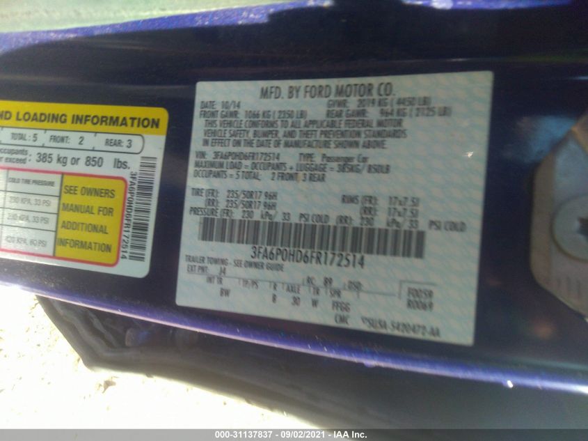 2015 FORD FUSION SE 3FA6P0HD6FR172514
