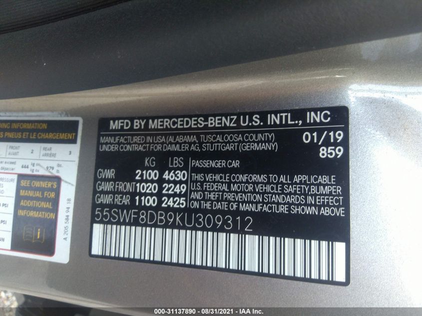 2019 MERCEDES-BENZ C-CLASS C 300 55SWF8DB9KU309312