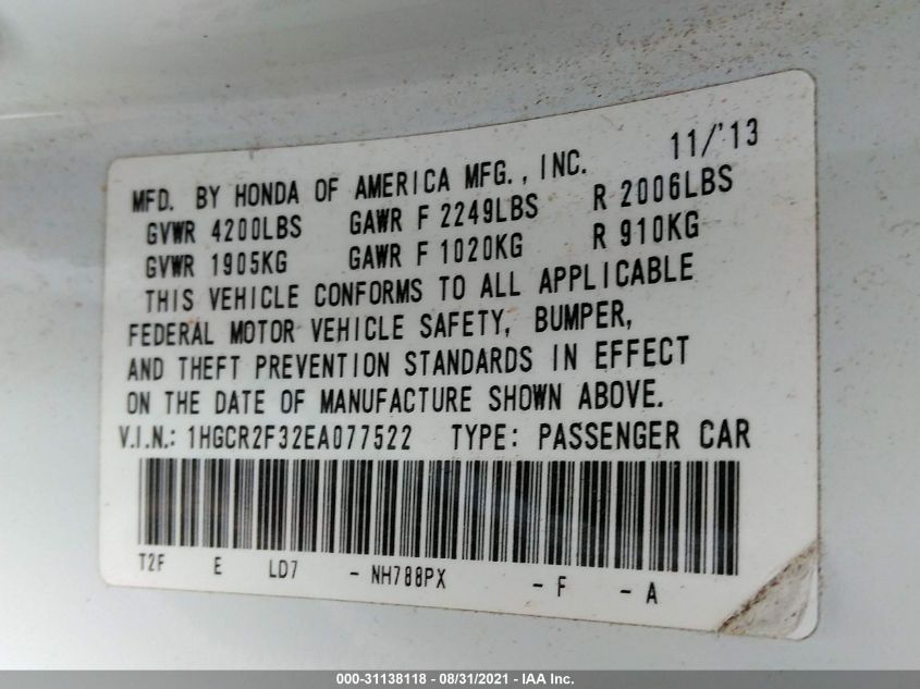 2014 HONDA ACCORD SEDAN LX 1HGCR2F32EA077522