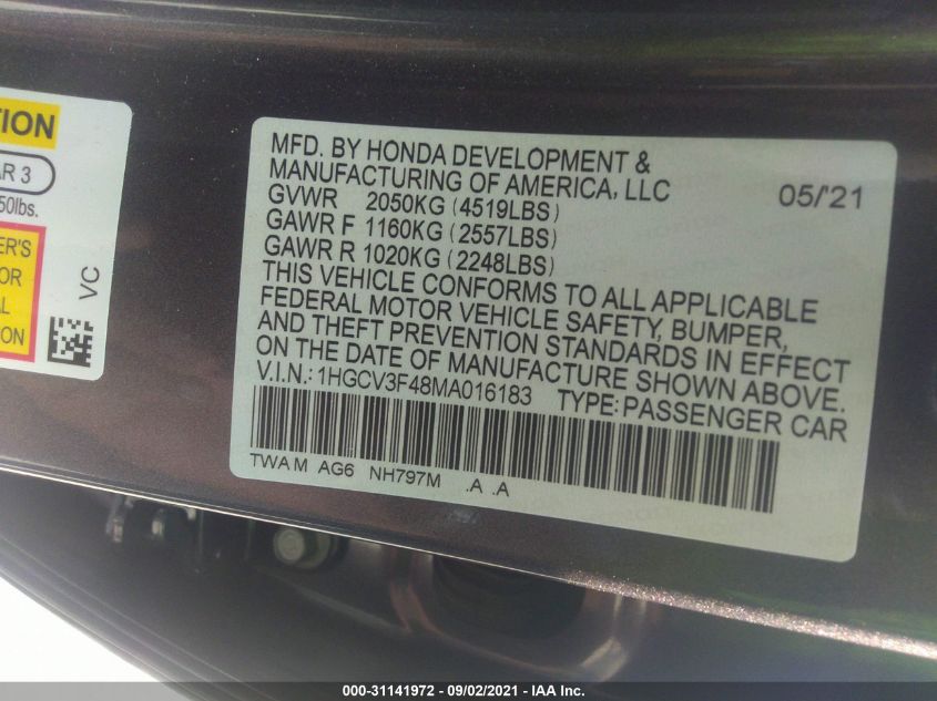 2021 HONDA ACCORD HYBRID EX 1HGCV3F48MA016183