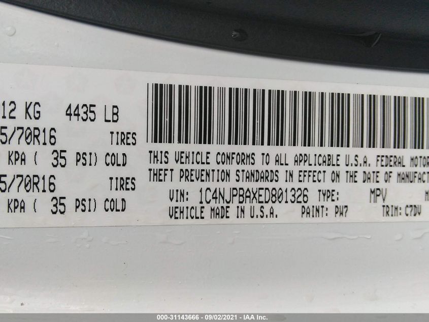 2014 JEEP PATRIOT SPORT 1C4NJPBAXED801326