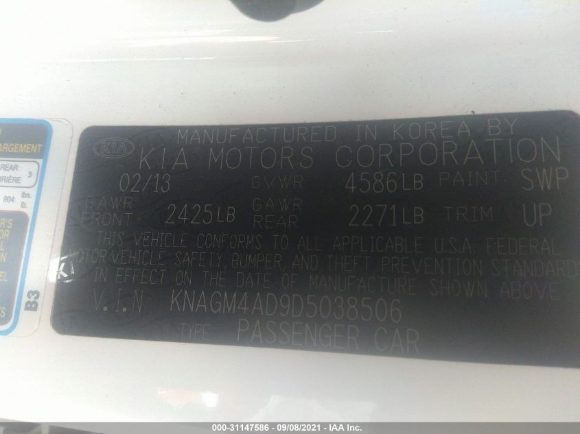 2013 KIA OPTIMA HYBRID LX KNAGM4AD9D5038506