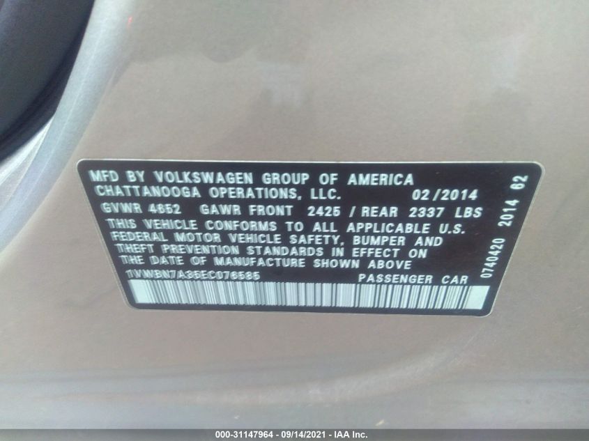 2014 VOLKSWAGEN PASSAT TDI SE W/SUNROOF 1VWBN7A35EC076585
