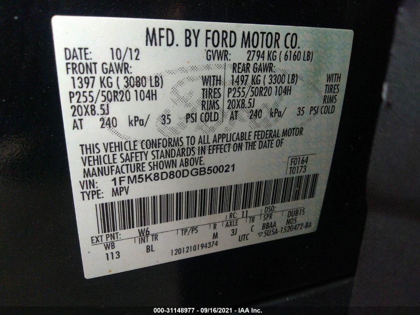 2013 FORD EXPLORER XLT 1FM5K8D80DGB50021