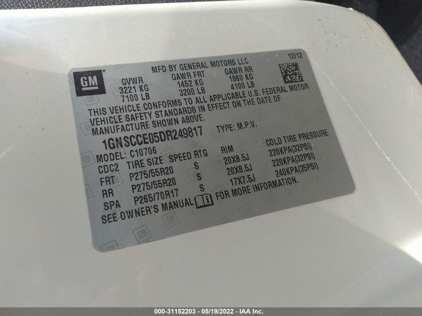 2013 CHEVROLET TAHOE LTZ 1GNSCCE05DR249817