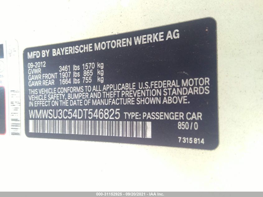 2013 MINI COOPER HARDTOP WMWSU3C54DT546825