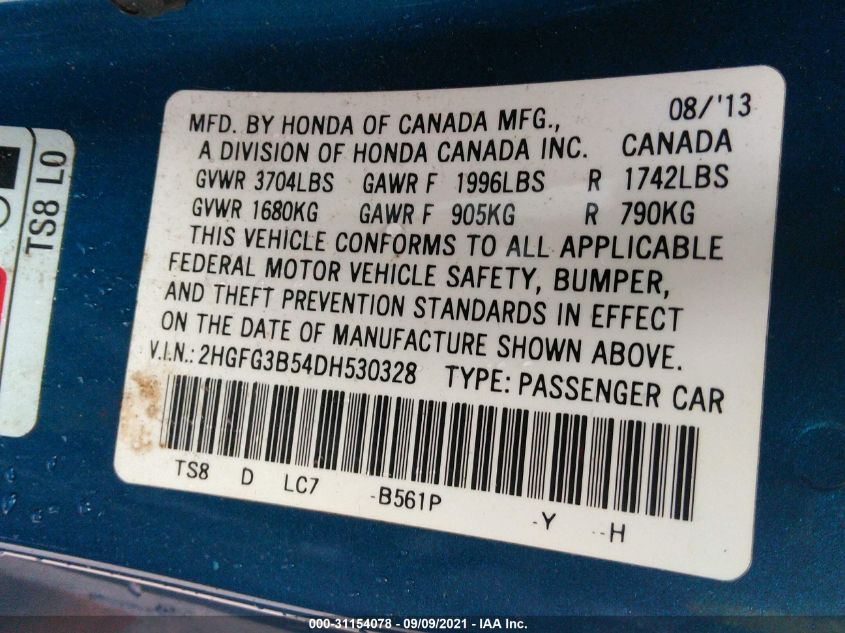 2013 HONDA CIVIC CPE LX 2HGFG3B54DH530328