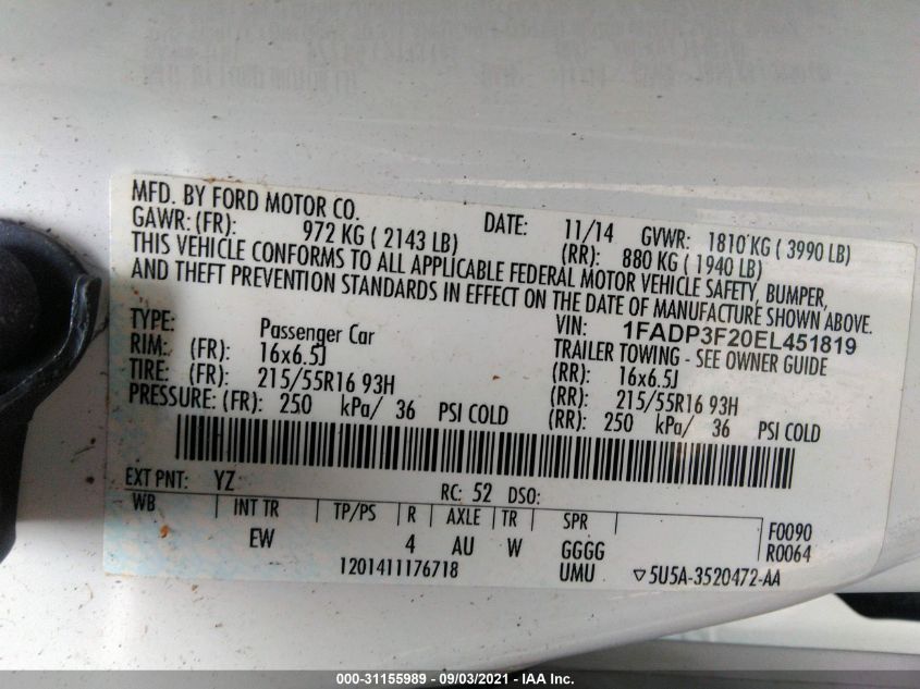 2014 FORD FOCUS SE 1FADP3F20EL451819