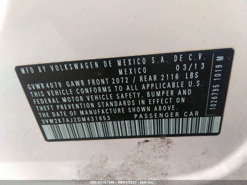 2013 VOLKSWAGEN JETTA SEDAN S 3VW2K7AJ2DM431653