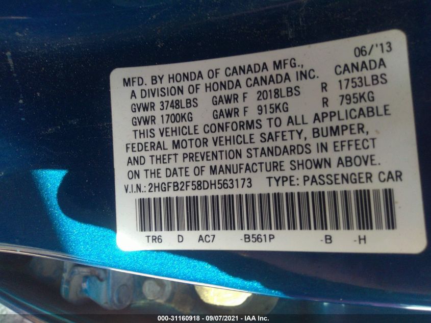 2013 HONDA CIVIC SDN LX 2HGFB2F58DH563173