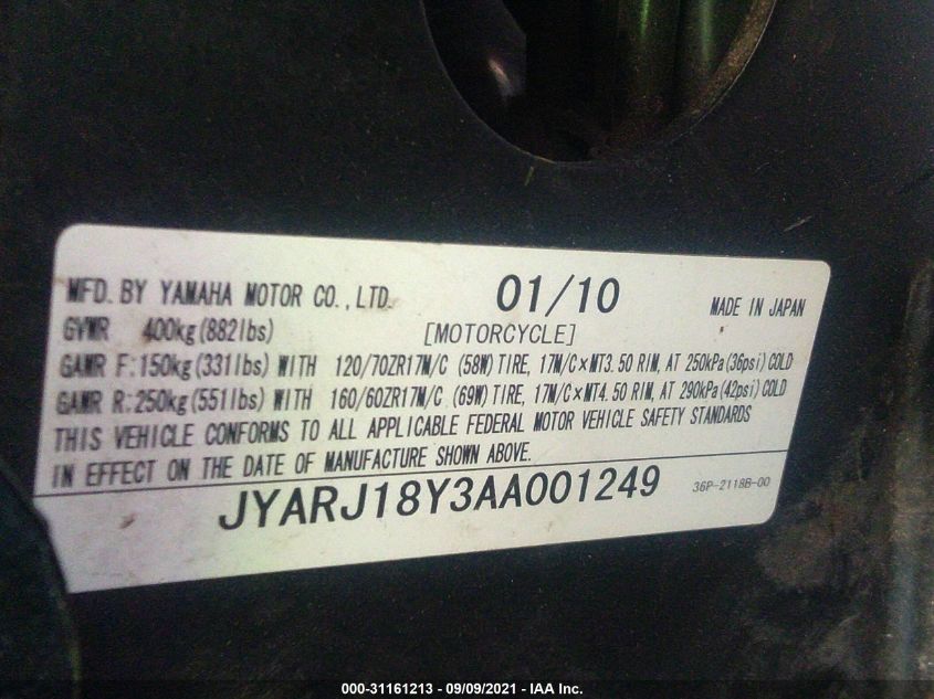 2010 YAMAHA FZ6 R/C JYARJ18Y3AA001249