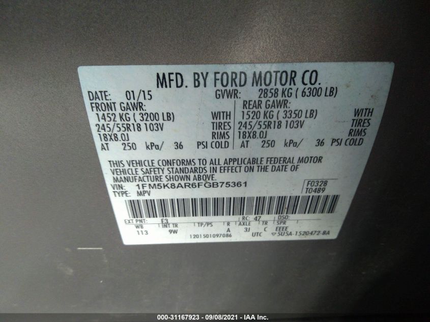 2015 FORD UTILITY POLICE 1FM5K8AR6FGB75361