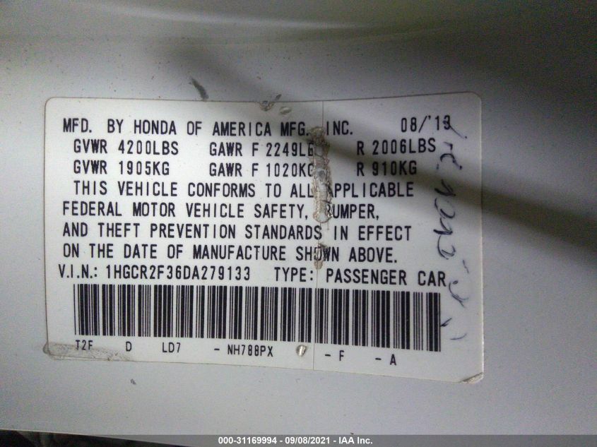 2013 HONDA ACCORD SDN LX 1HGCR2F36DA279133