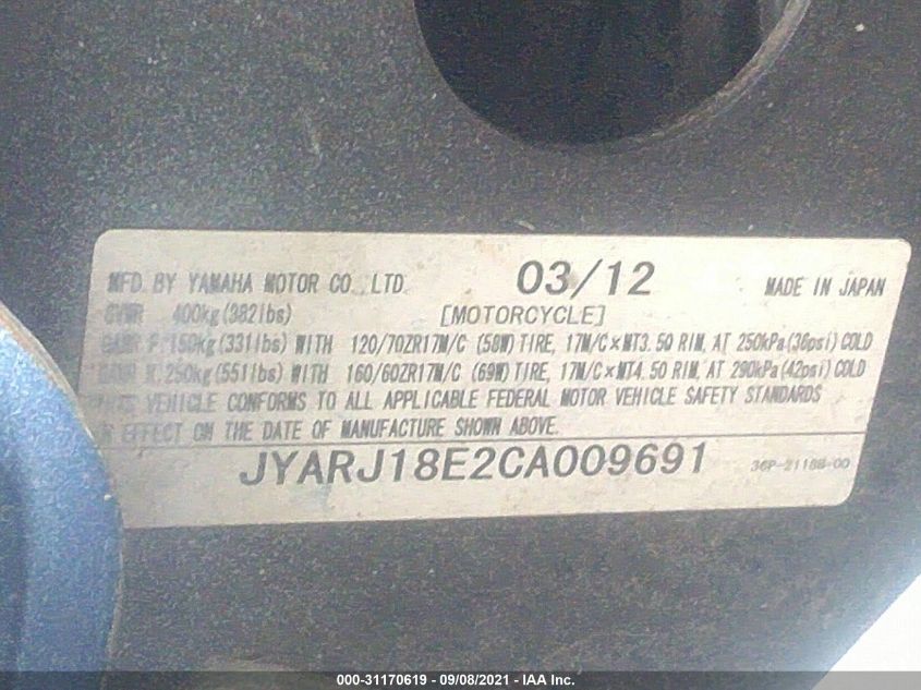 2012 YAMAHA FZ6 R JYARJ18E2CA009691
