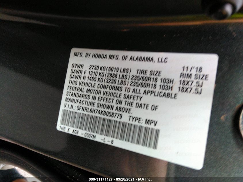 2019 HONDA ODYSSEY EX-L 5FNRL6H74KB058779