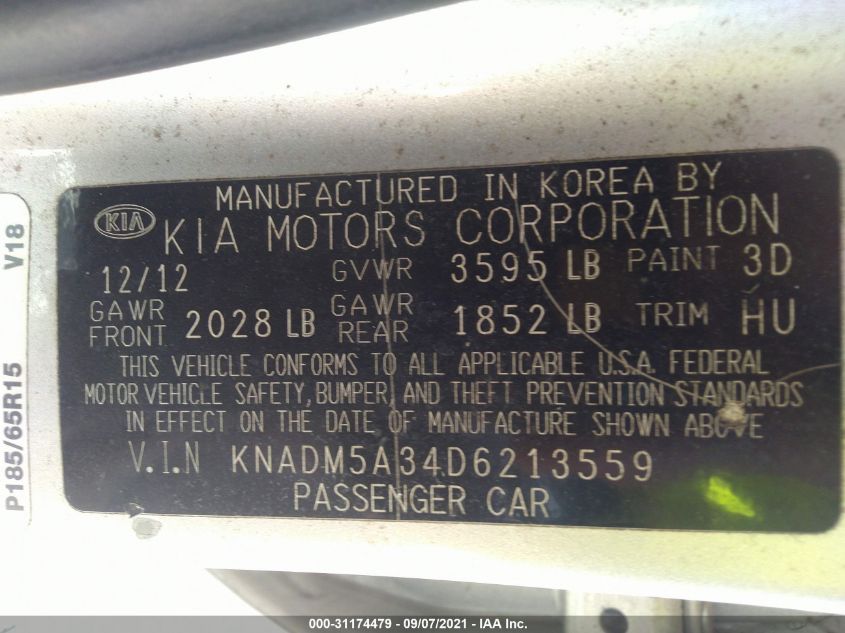 2013 KIA RIO LX KNADM5A34D6213559