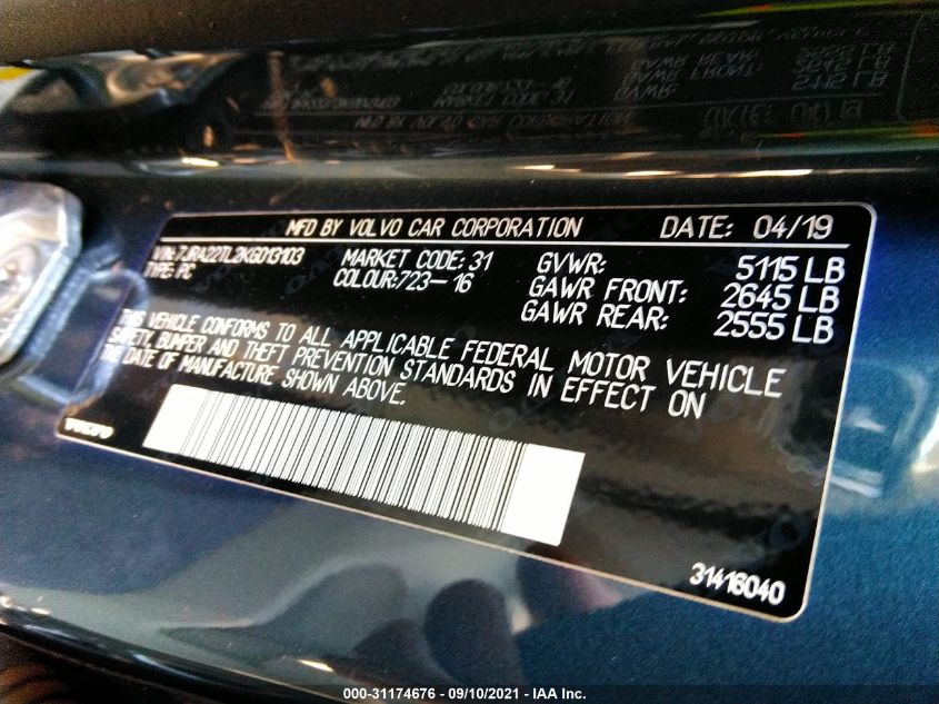Auction sale of the 2019 VOLVO S60 , vin: 7JRA22TL2KG013103, lot number: 31174676