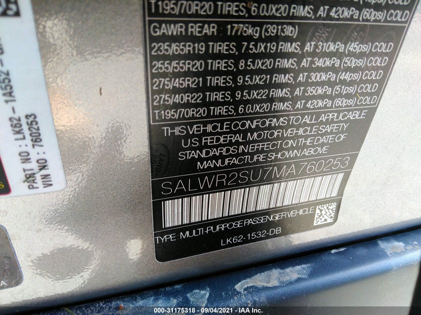 Auction sale of the 2021 LAND ROVER RANGE ROVER SPORT , vin: SALWR2SU7MA760253, lot number: 31175318