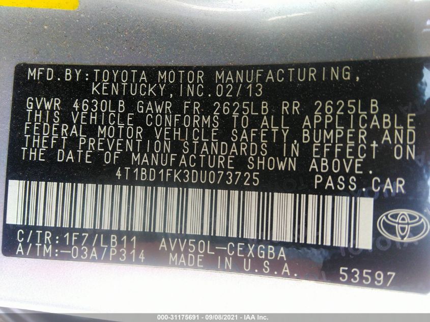 2013 TOYOTA CAMRY HYBRID LE/XLE 4T1BD1FK3DU073725