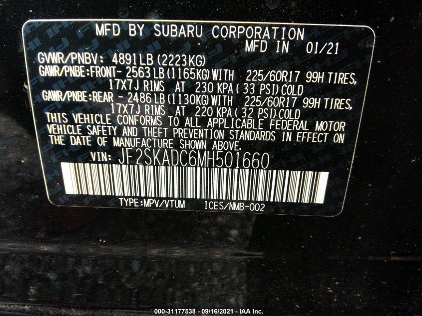 2021 SUBARU FORESTER JF2SKADC6MH501660