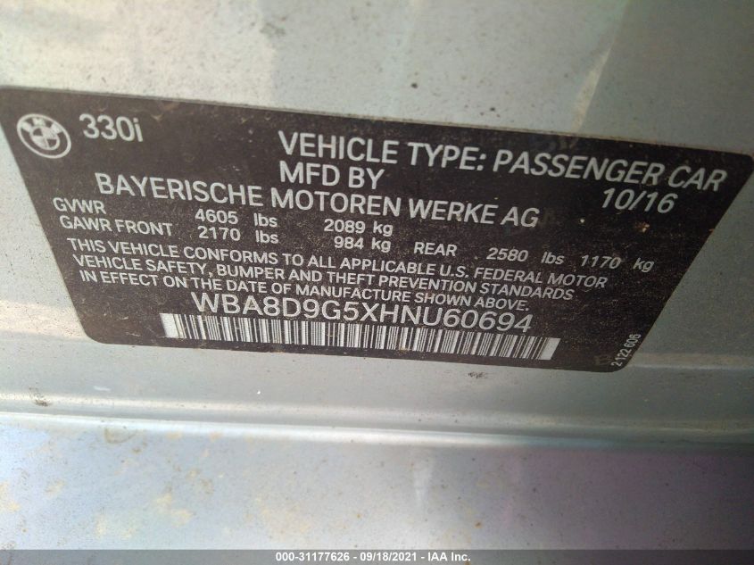 2017 BMW 3 SERIES 330I XDRIVE WBA8D9G5XHNU60694