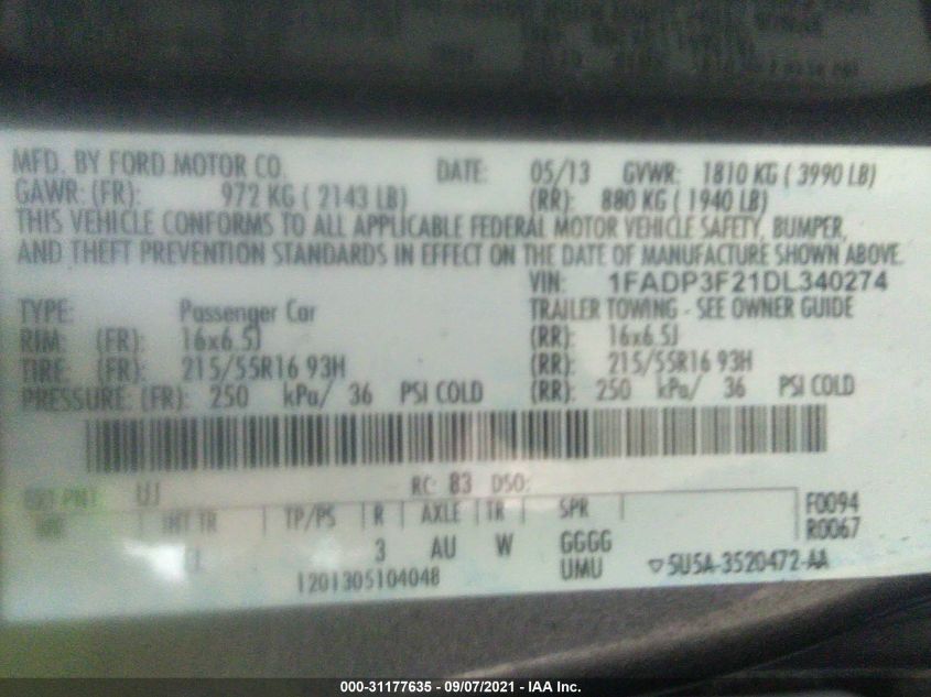 2013 FORD FOCUS SE 1FADP3F21DL340274