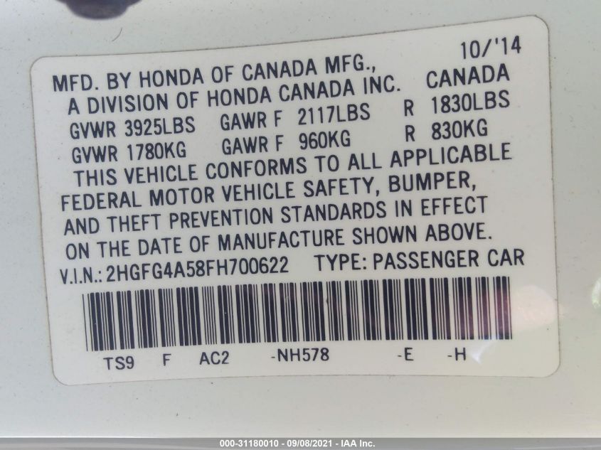 2015 HONDA CIVIC SI - 2HGFG4A58FH700622