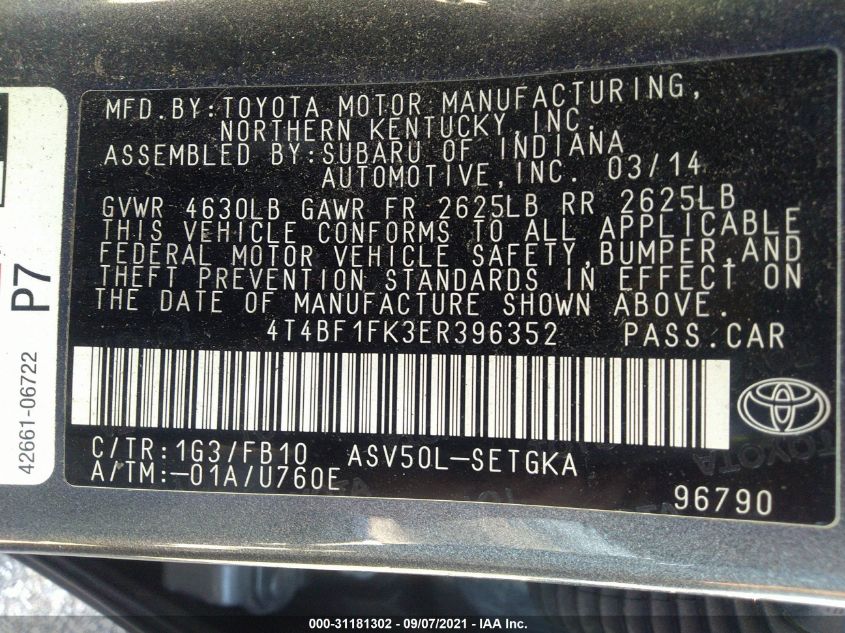 2014 TOYOTA CAMRY L/LE/XLE/SE/SE SPORT 4T4BF1FK3ER396352