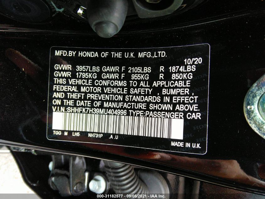 2021 HONDA CIVIC HATCHBACK LX SHHFK7H39MU404996