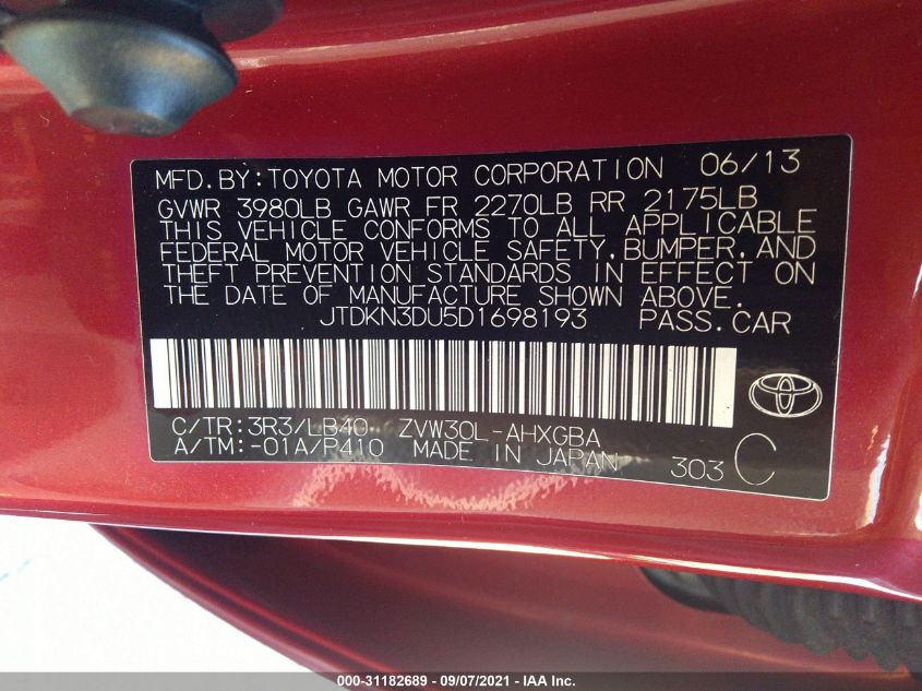 2013 TOYOTA PRIUS ONE/TWO/THREE/FOUR/FIVE JTDKN3DU5D1698193