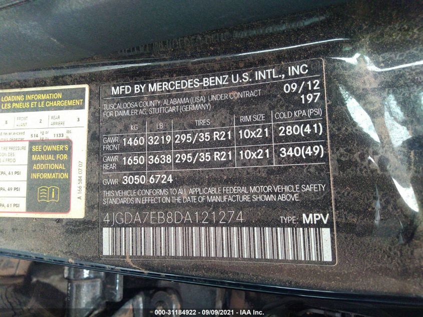 2013 MERCEDES-BENZ M-CLASS ML 63 AMG 4JGDA7EB8DA121274