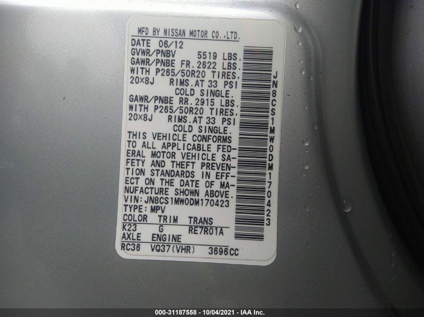 2013 INFINITI FX37 JN8CS1MW0DM170423