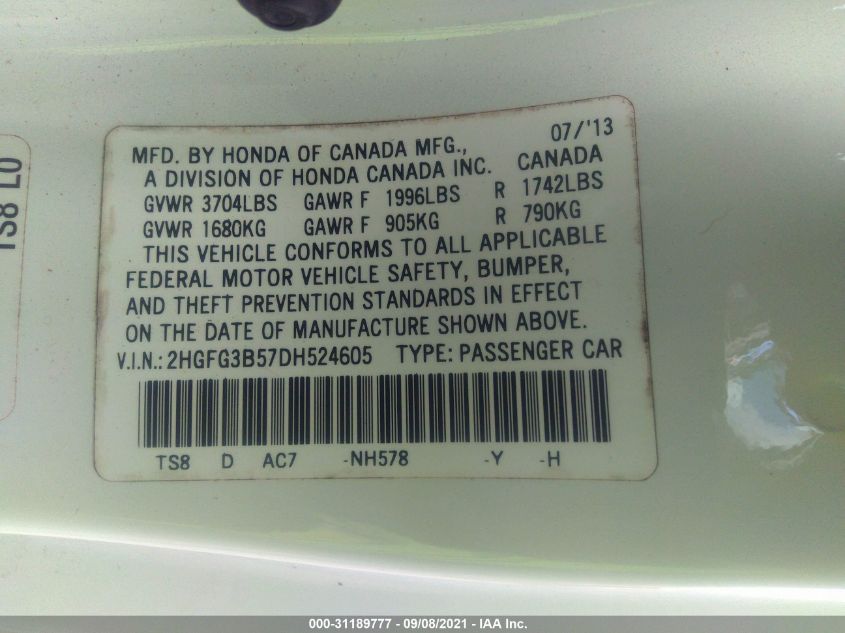 2013 HONDA CIVIC CPE LX 2HGFG3B57DH524605