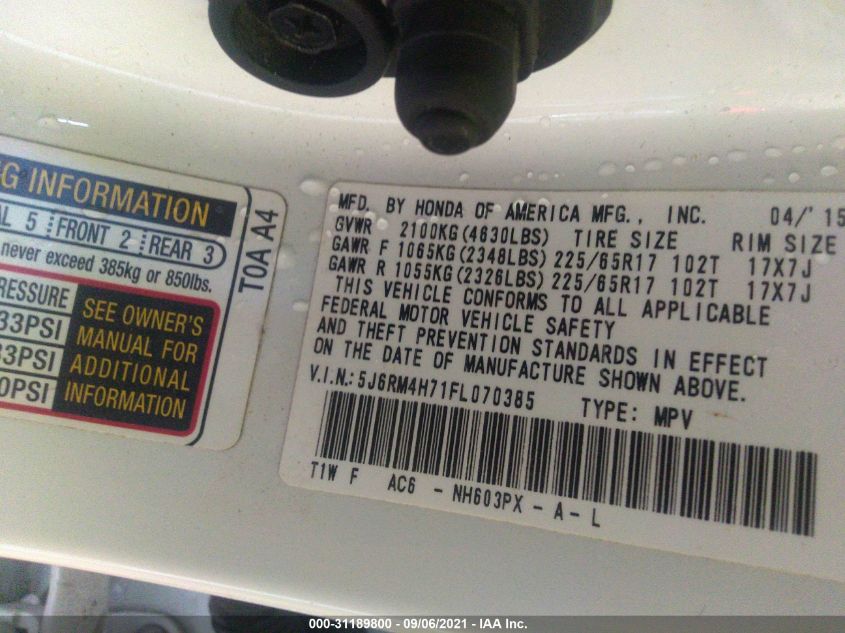 2015 HONDA CR-V EX-L 5J6RM4H71FL070385