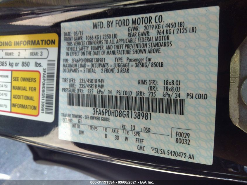2016 FORD FUSION SE 3FA6P0HD8GR138981