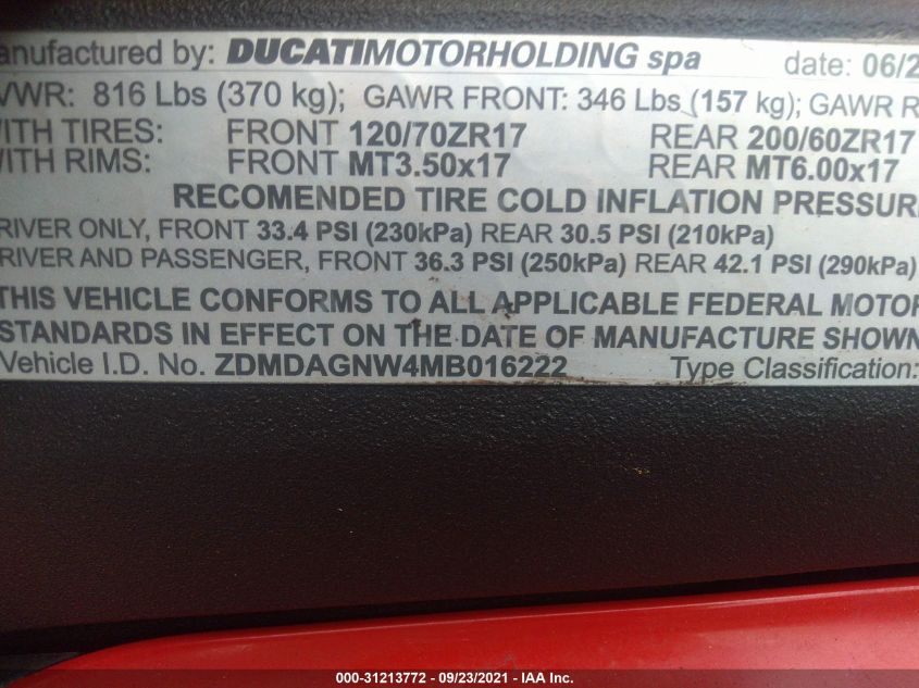 2021 DUCATI PANIGALE V4/V4S/V4S SPECIALE ZDMDAGNW4MB016222