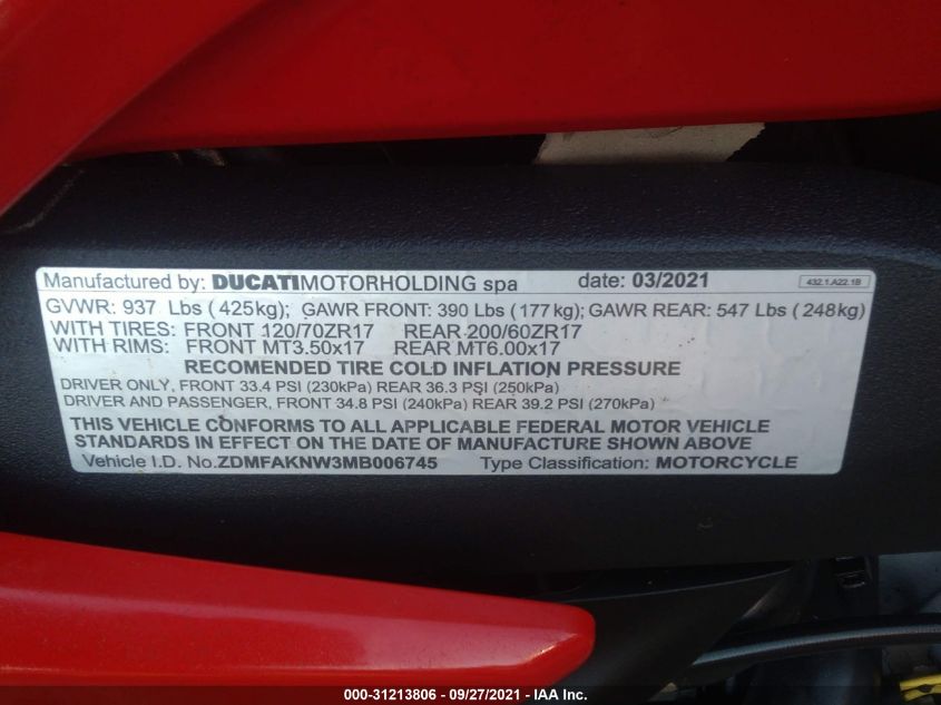 2021 DUCATI STREETFIGHTER V4/V4S ZDMFAKNW3MB006745