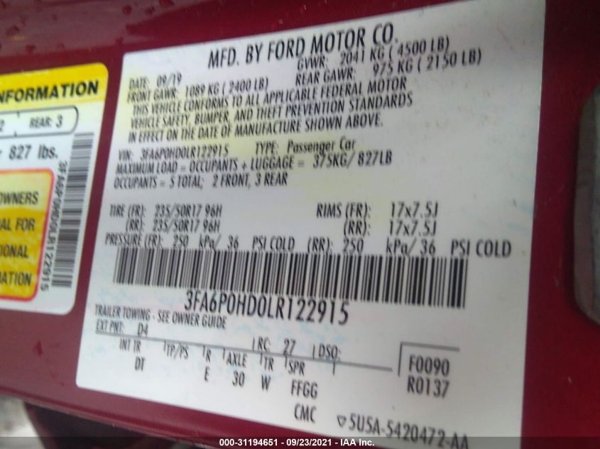 Auction sale of the 2020 FORD FUSION , vin: 3FA6P0HD0LR122915, lot number: 31194651
