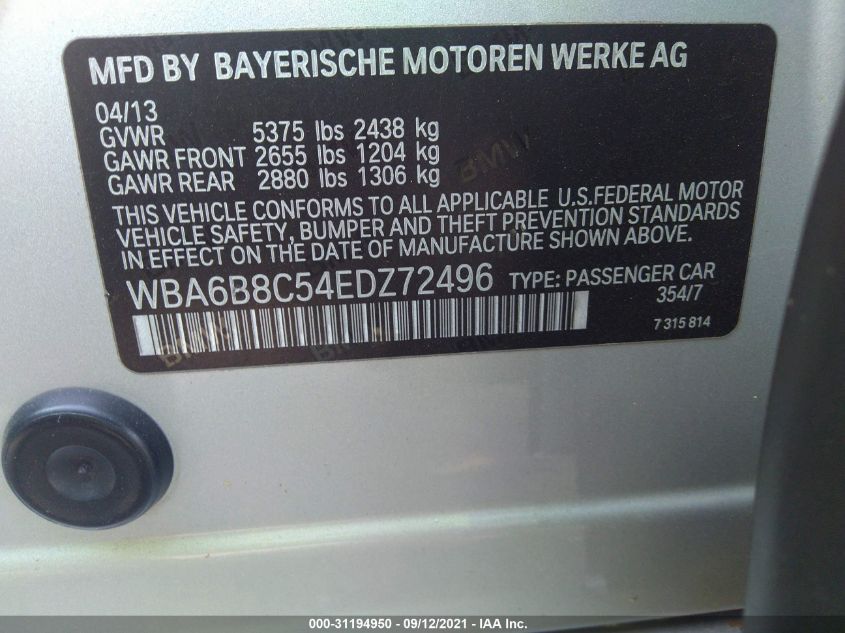 2014 BMW 6 SERIES 640I XDRIVE WBA6B8C54EDZ72496