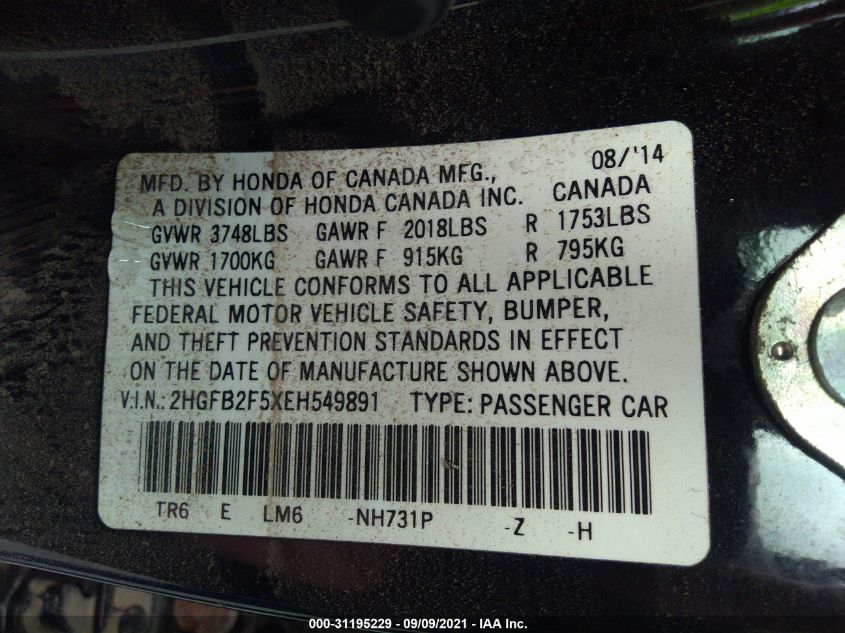 2014 HONDA CIVIC SEDAN LX 2HGFB2F5XEH549891
