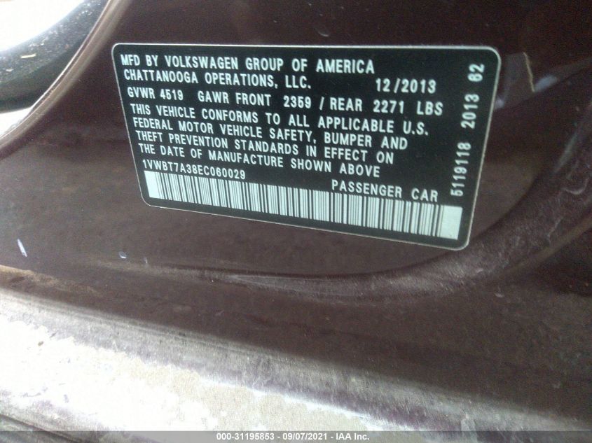 2014 VOLKSWAGEN PASSAT SE W/SUNROOF 1VWBT7A38EC060029