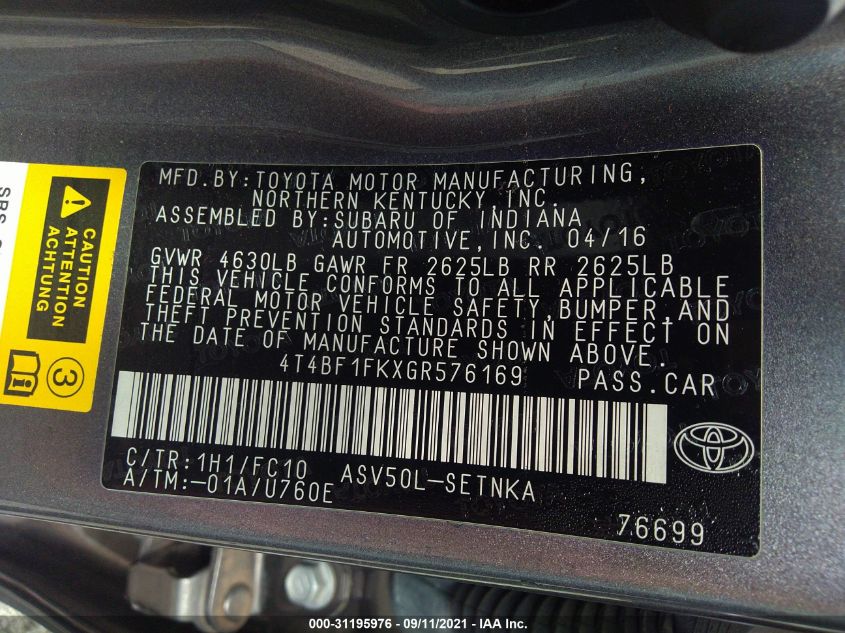 2016 TOYOTA CAMRY LE 4T4BF1FKXGR576169