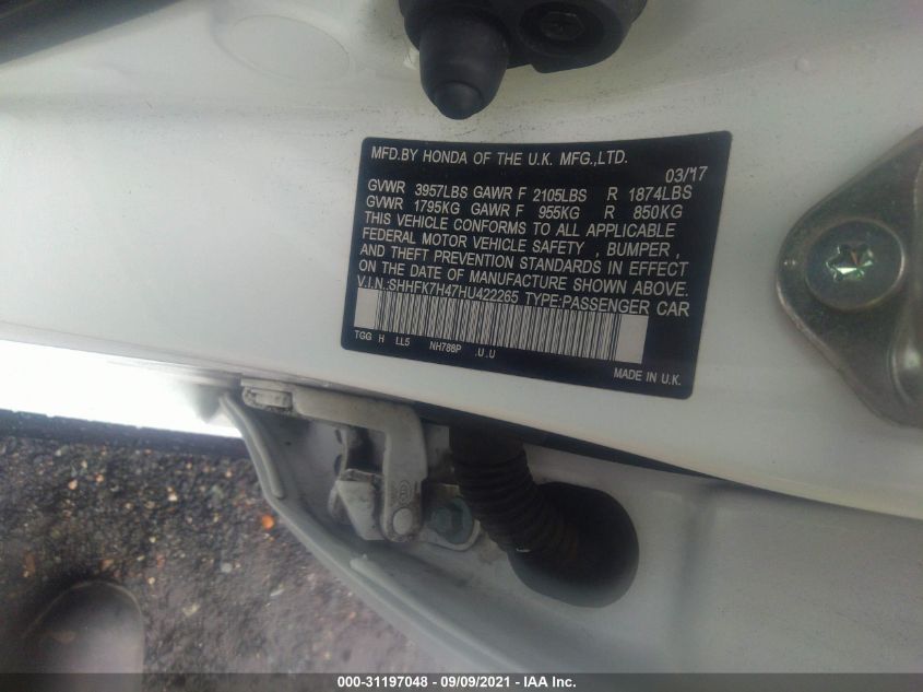 2017 HONDA CIVIC HATCHBACK SPORT SHHFK7H47HU422265