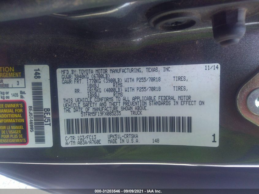 2015 TOYOTA TUNDRA 2WD TRUCK SR5 5TFRM5F19FX085235